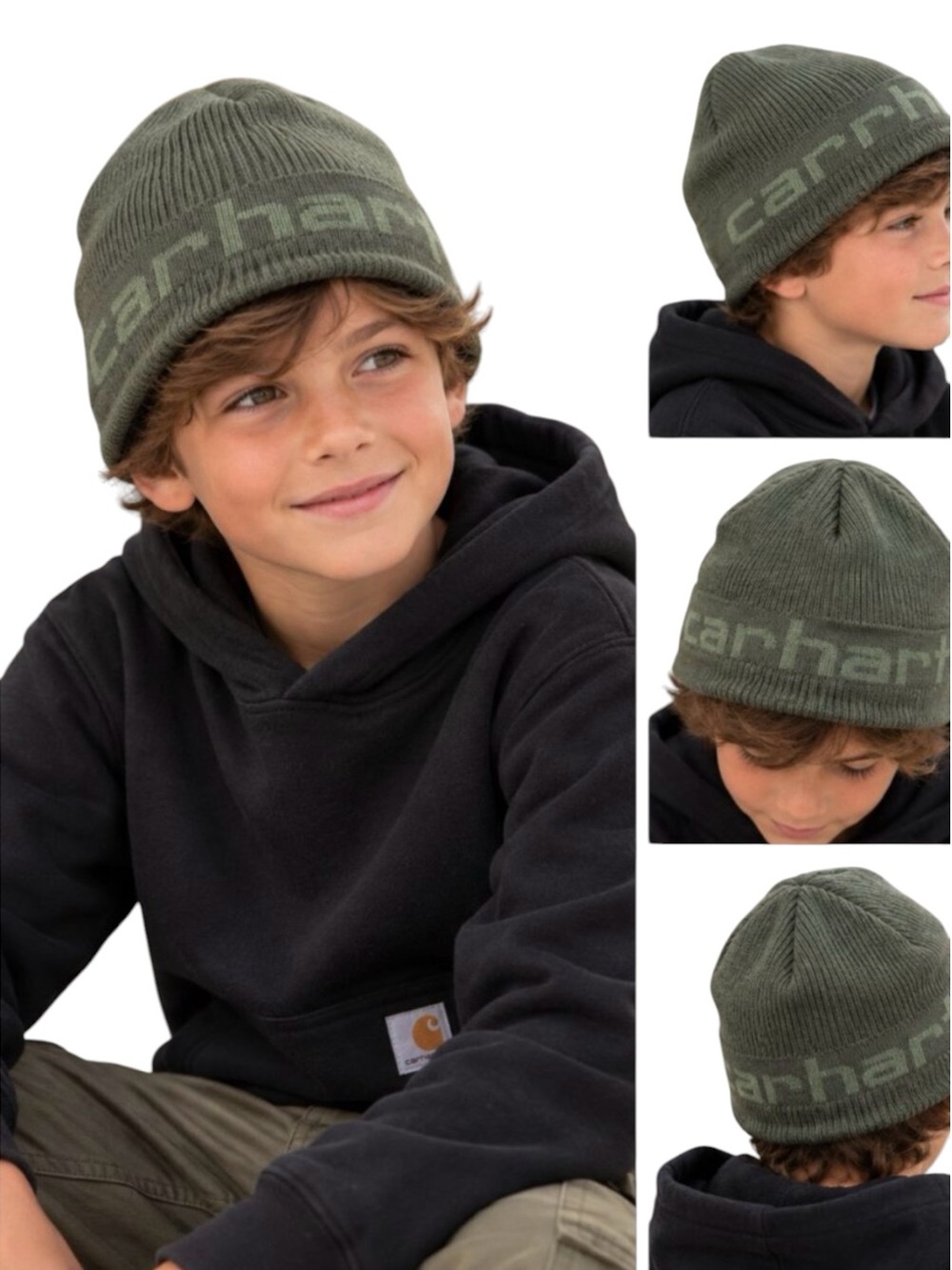 😎New Carhartt Youth Kids Boys Olive Green Logo Beanie Fall Winter Hat